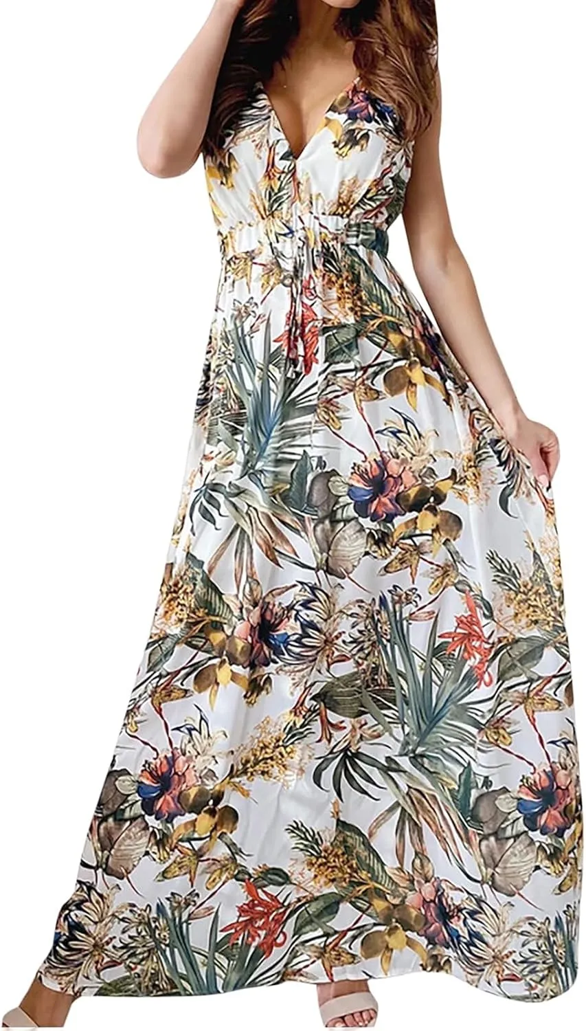 Floral Maxi Dresses for Women 2025 Summer Dresses Sleeveless Flowy Boho Maxi Dress Casual Long Sundress Beach Dress
