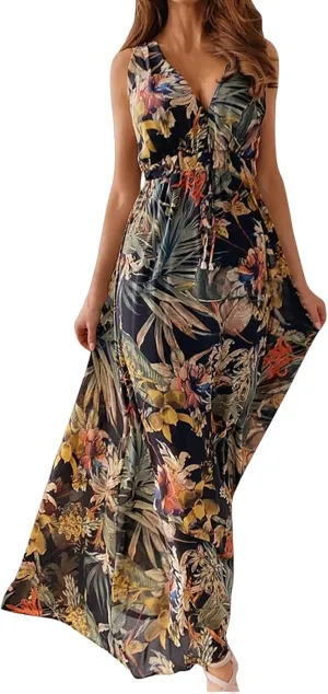 Floral Maxi Dresses for Women 2025 Summer Dresses Sleeveless Flowy Boho Maxi Dress Casual Long Sundress Beach Dress