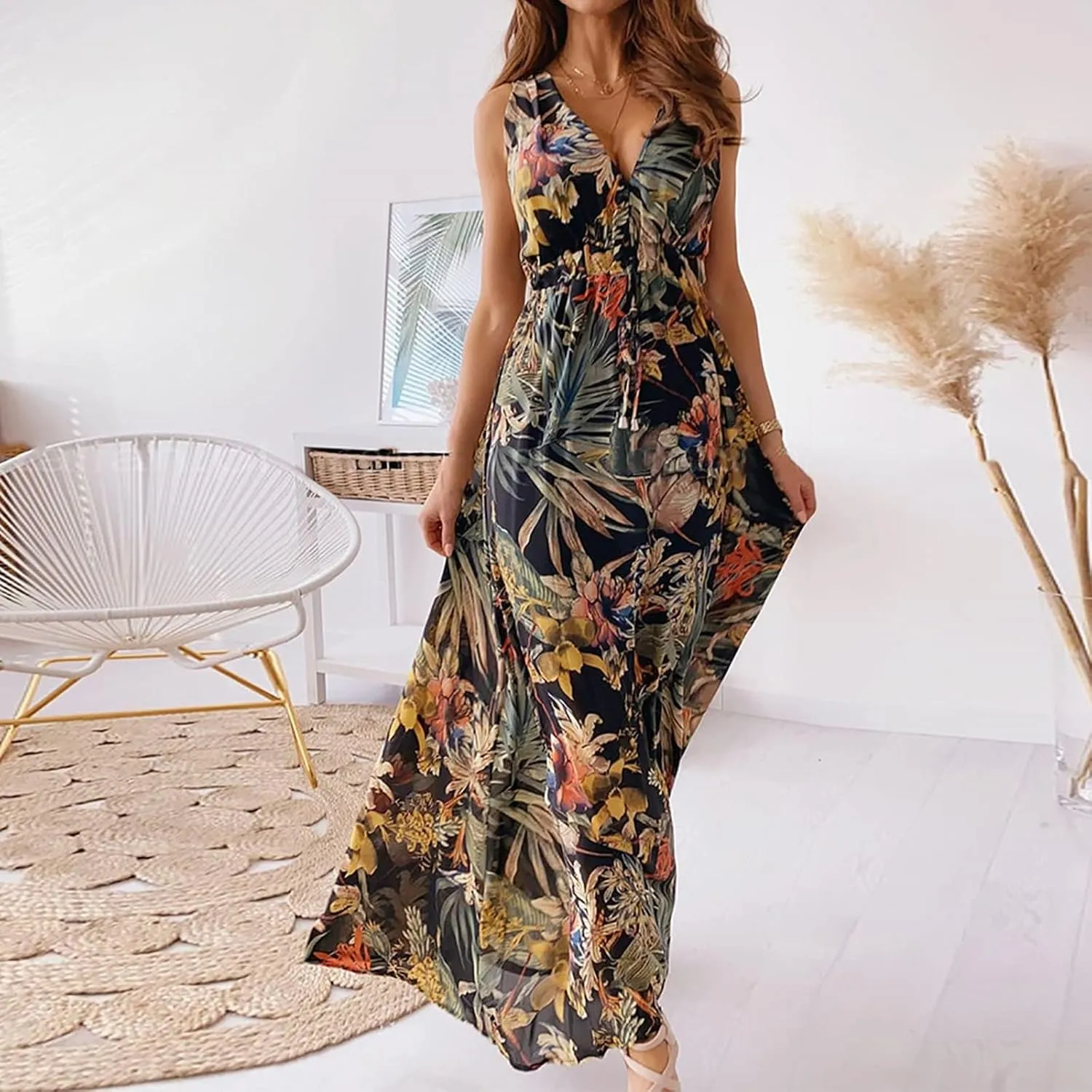 Floral Maxi Dresses for Women 2025 Summer Dresses Sleeveless Flowy Boho Maxi Dress Casual Long Sundress Beach Dress