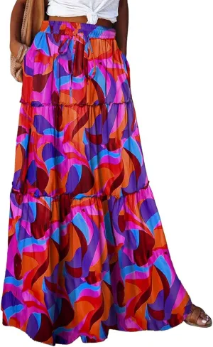 Floral Maxi Skirts for Women Trendy Summer Elastic High Waisted Long Skirts Tiered Flowy Swing A Line Skirt w/Pockets