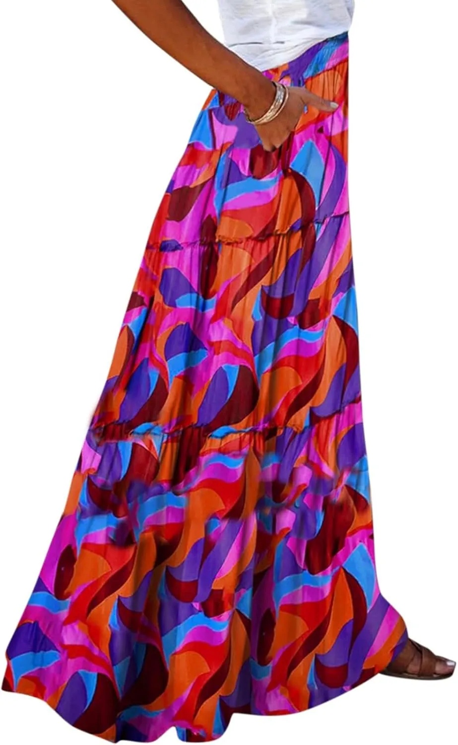 Floral Maxi Skirts for Women Trendy Summer Elastic High Waisted Long Skirts Tiered Flowy Swing A Line Skirt w/Pockets