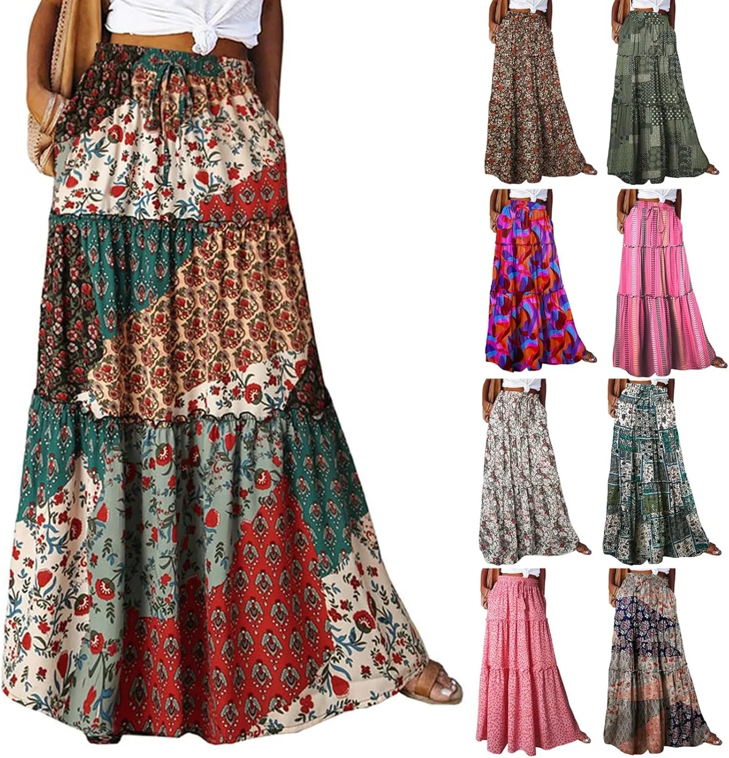 Floral Maxi Skirts for Women Trendy Summer Elastic High Waisted Long Skirts Tiered Flowy Swing A Line Skirt w/Pockets
