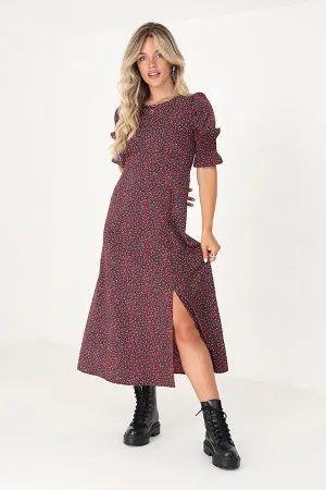 FLORAL MIDI DRESS WITH SHIRRED DETAIL QUARTER SLEEVES