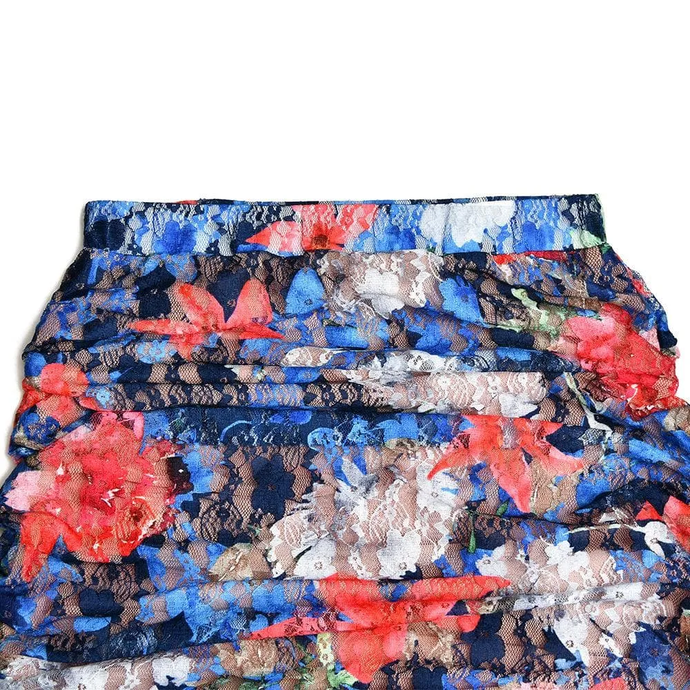 Flower print ruffle contrast ruched lace maxi skirt set