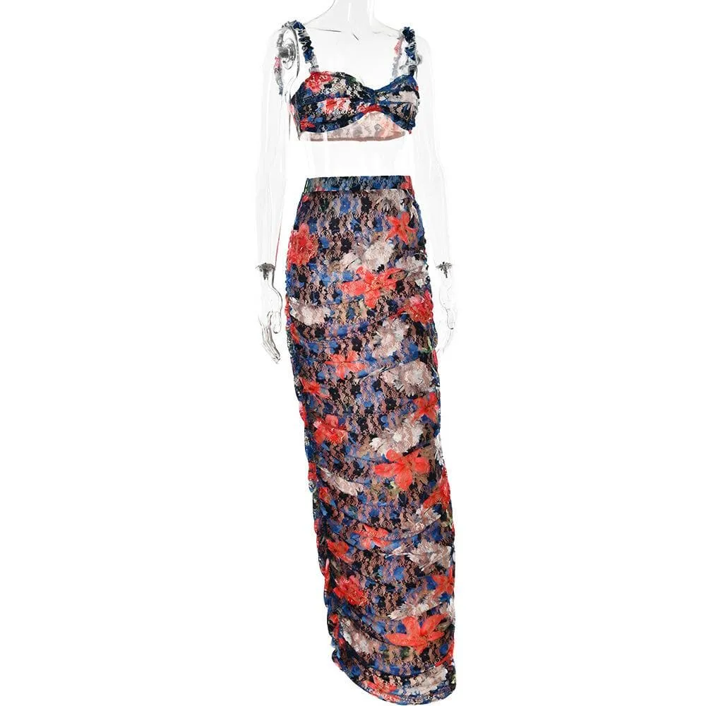 Flower print ruffle contrast ruched lace maxi skirt set
