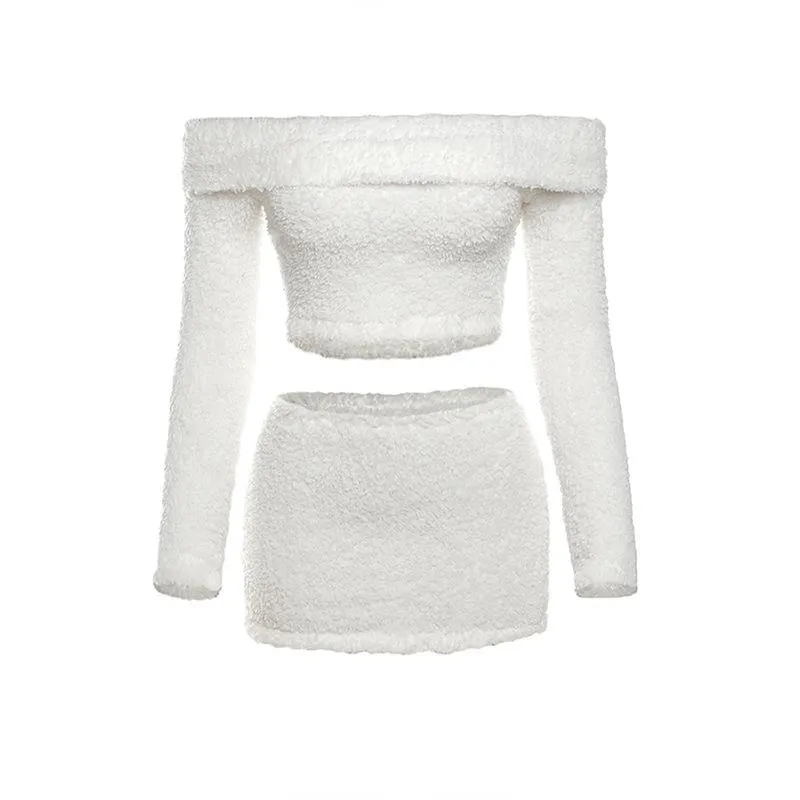 Fluffy solid off shoulder long sleeve mini skirt set