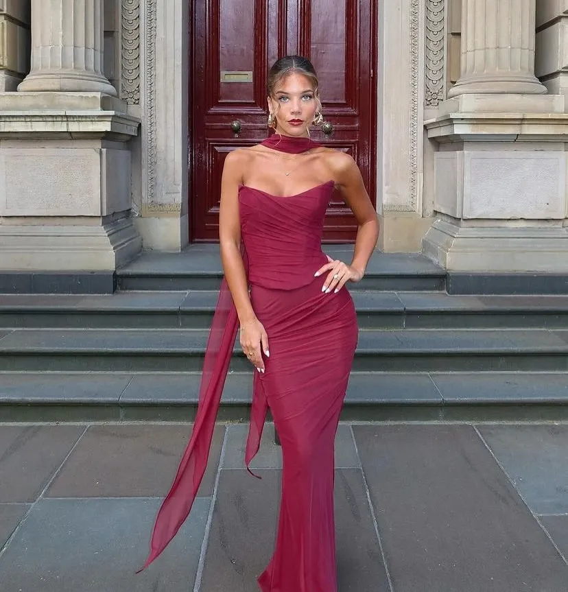 Flytonn Elegant Maxi Wedding Guest Dress Set Sexy Strapless Blue Cropped Top Set Bodycon Holiday Party Dresses Women-nye outfits