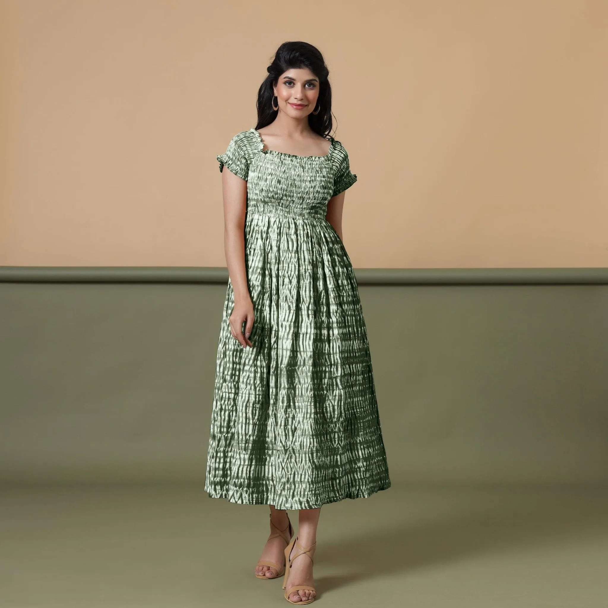 Forest Green Shibori Tie-Dye Cotton Maxi Gathered Dress