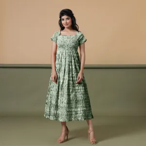 Forest Green Shibori Tie-Dye Cotton Maxi Gathered Dress