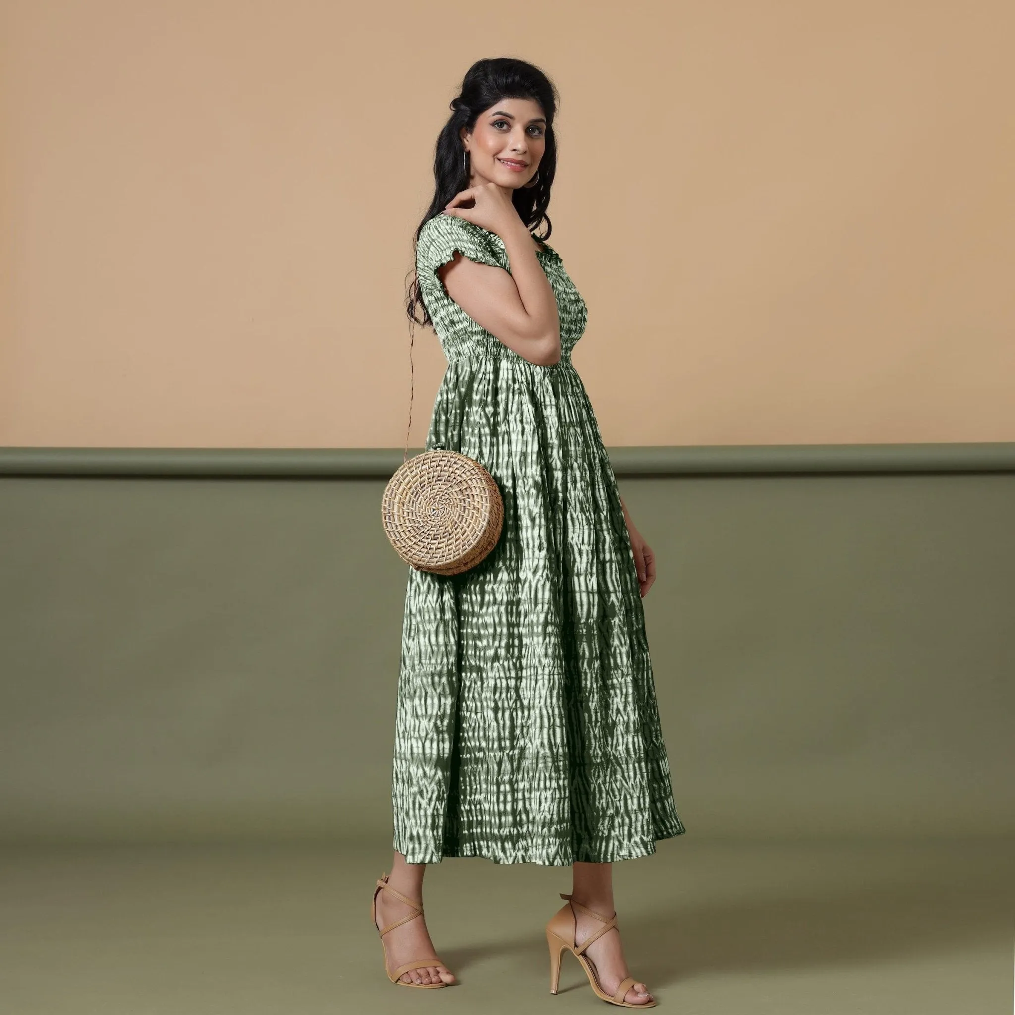 Forest Green Shibori Tie-Dye Cotton Maxi Gathered Dress