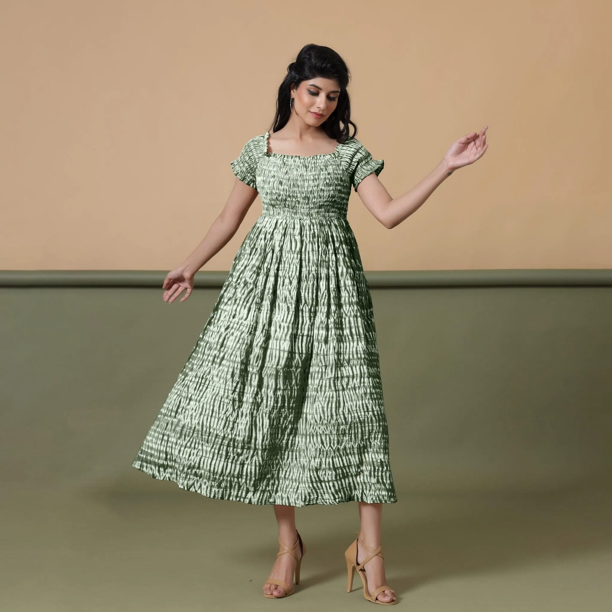 Forest Green Shibori Tie-Dye Cotton Maxi Gathered Dress