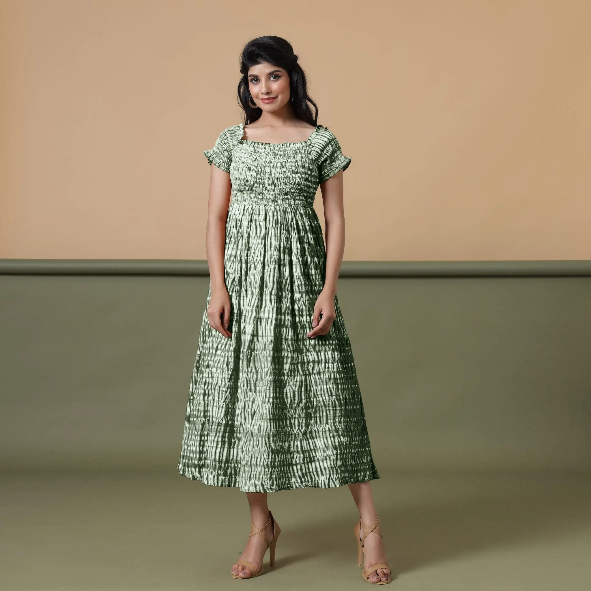 Forest Green Shibori Tie-Dye Cotton Maxi Gathered Dress