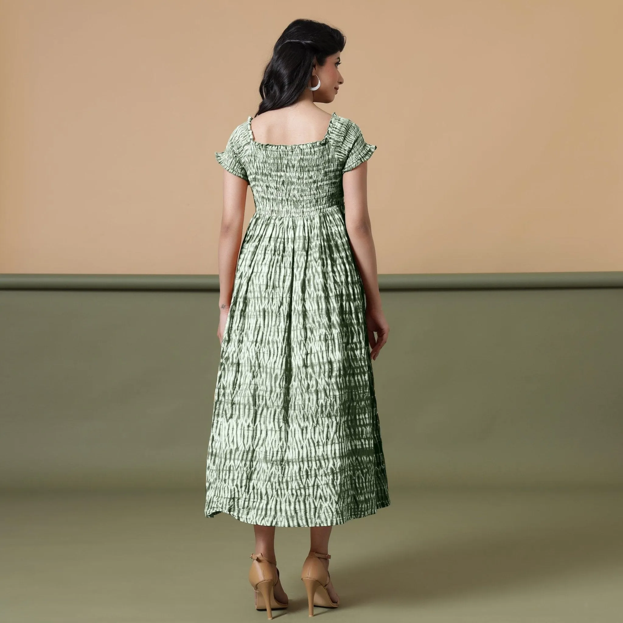 Forest Green Shibori Tie-Dye Cotton Maxi Gathered Dress