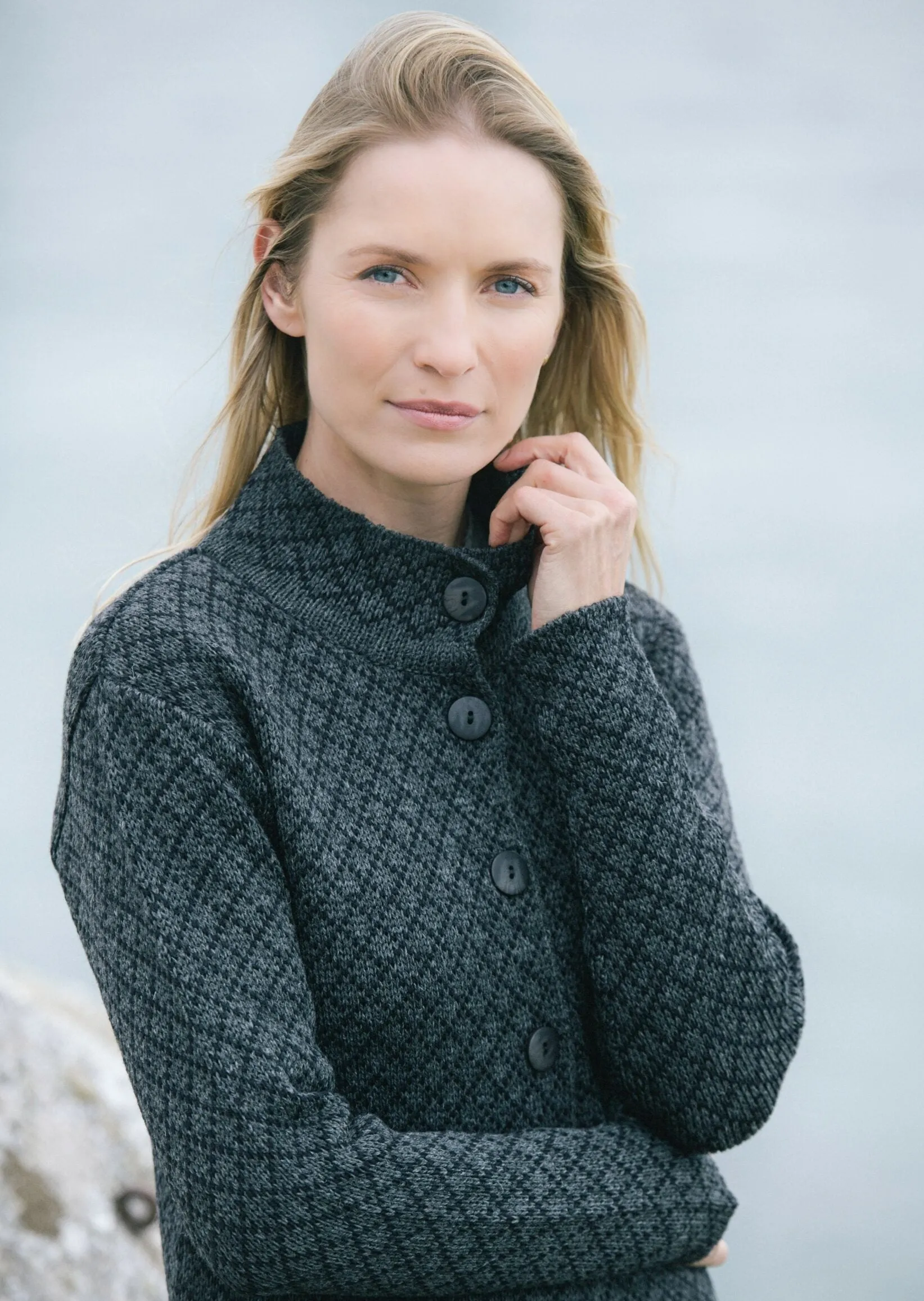 Foxford Chequered Merino Aran Jacket | Charcoal