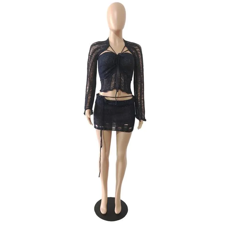Glitter knitted long sleeve hollow out 3 piece mini skirt set
