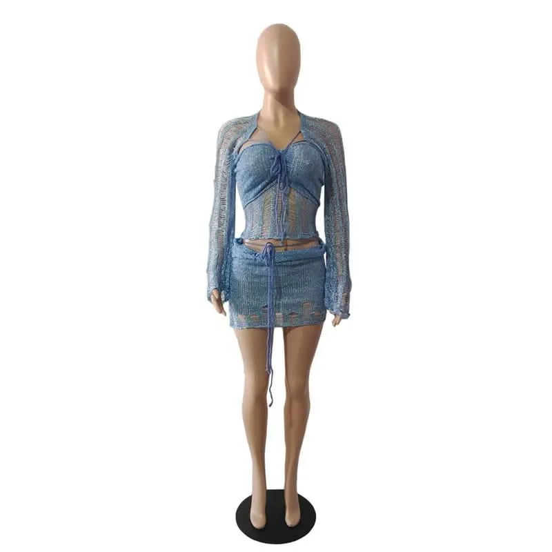 Glitter knitted long sleeve hollow out 3 piece mini skirt set