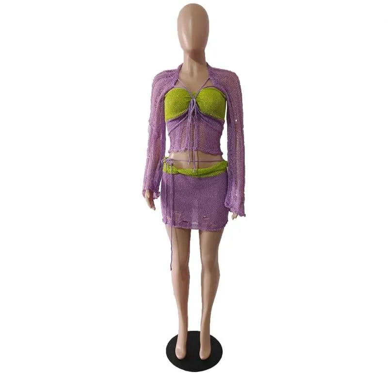 Glitter knitted long sleeve hollow out 3 piece mini skirt set
