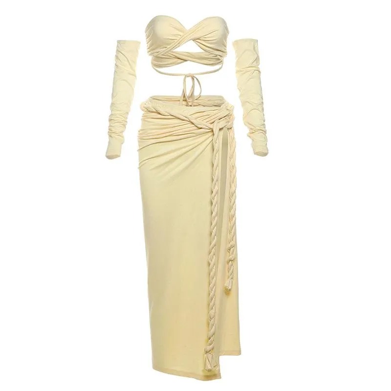 Gloves one shoulder high slit self tie maxi skirt set