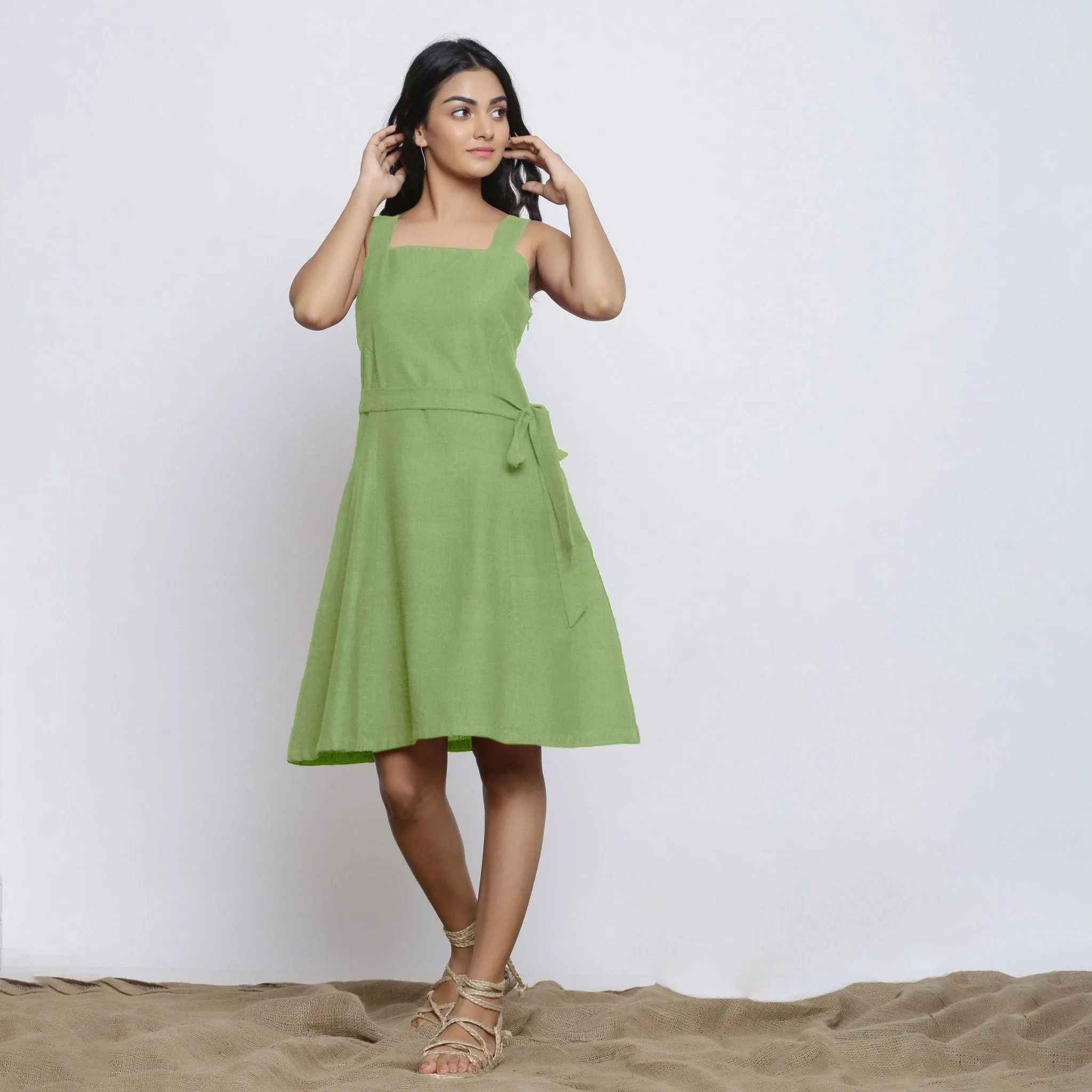 Green Cotton Flax Knee Length Princess Line Dress