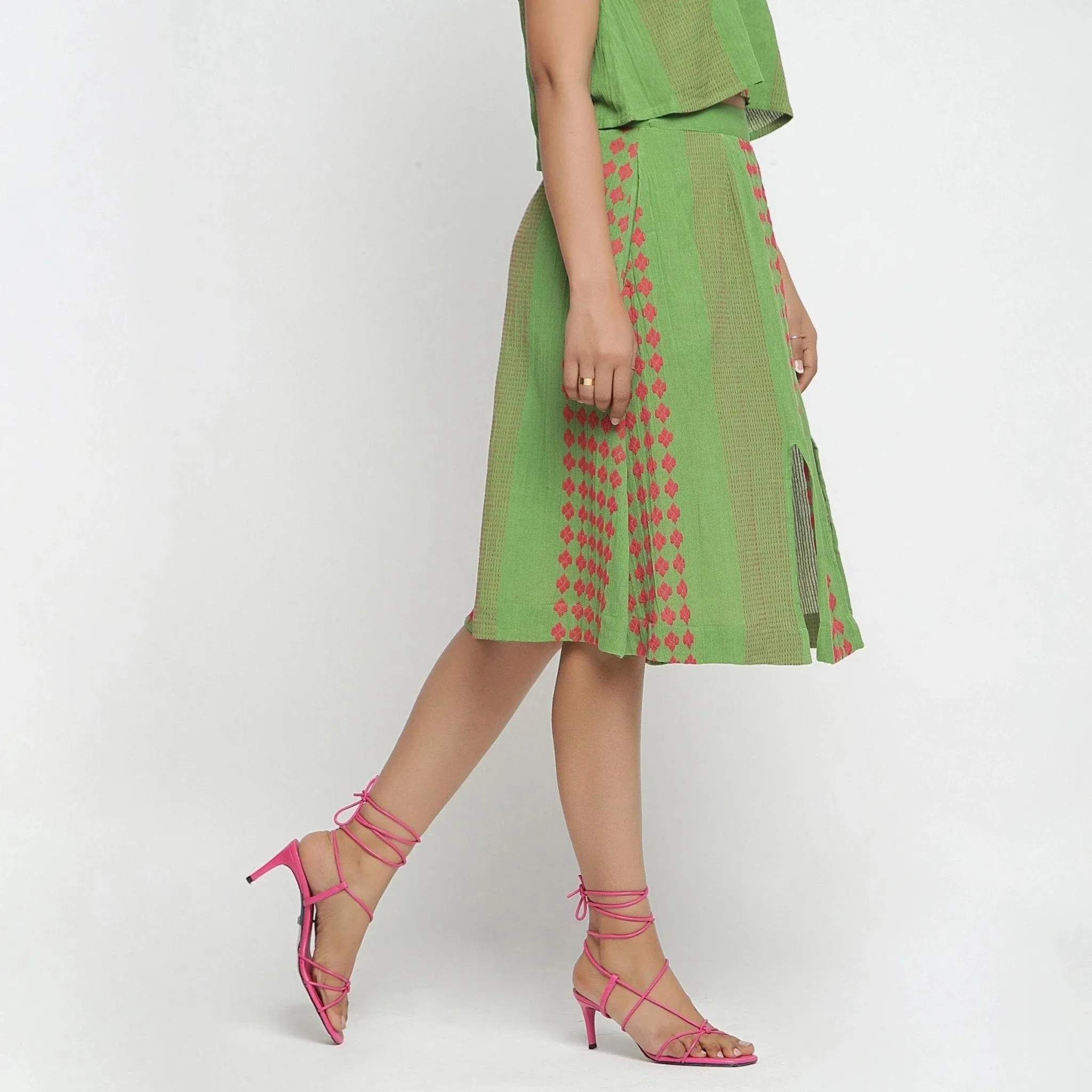 Green Crinkled Cotton Geometric Knee Length Skirt