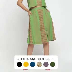 Green Crinkled Cotton Geometric Knee Length Skirt