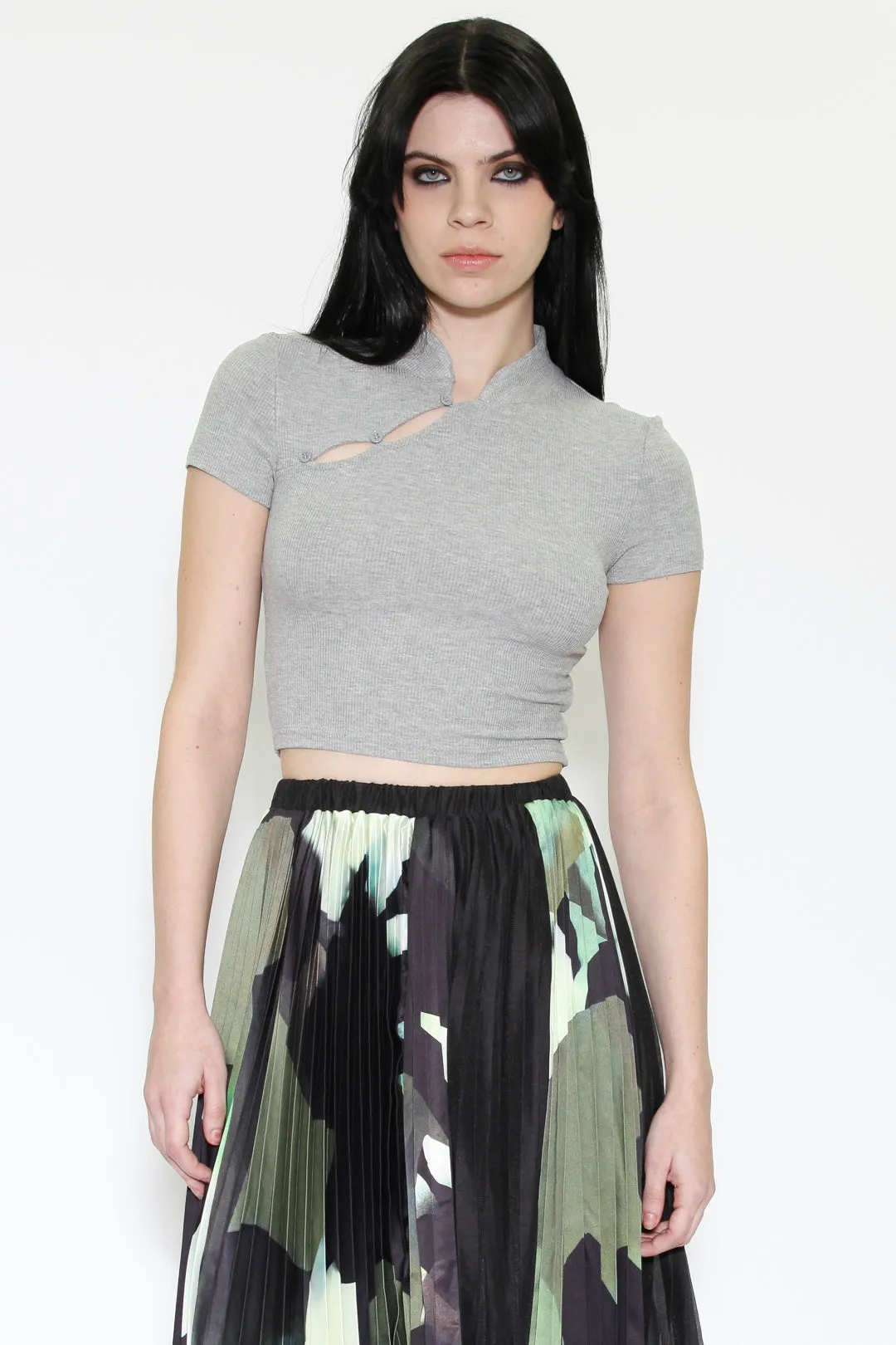 Grey Knit Qipao Collar Crop Top