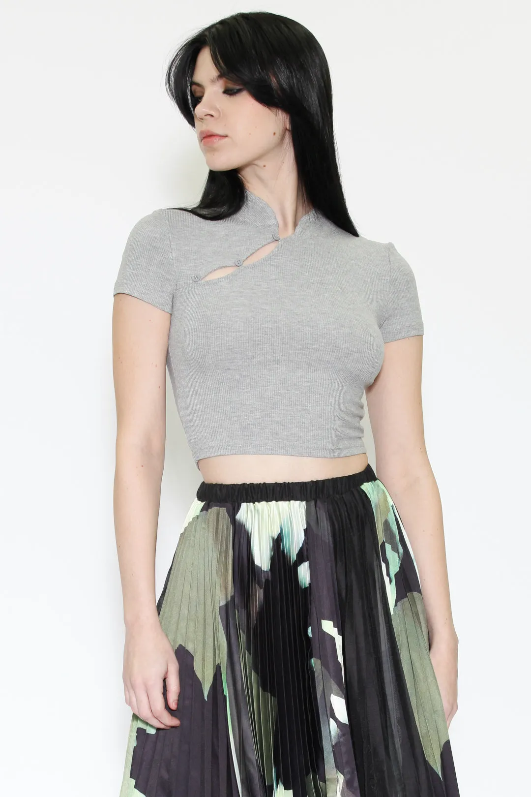Grey Knit Qipao Collar Crop Top