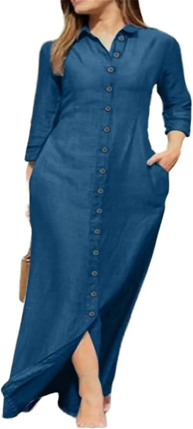 GUOYUXIAO Women's Long Sleeve Dress Casual Cotton Skirt