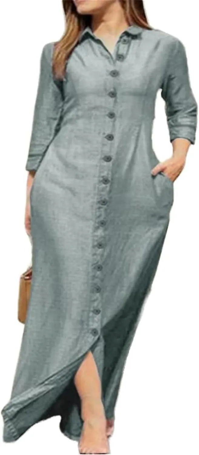 GUOYUXIAO Women's Long Sleeve Dress Casual Cotton Skirt