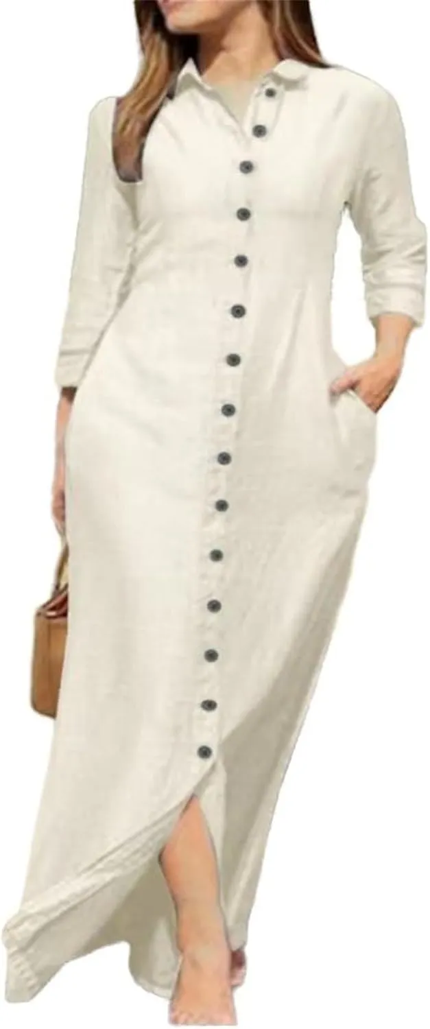 GUOYUXIAO Women's Long Sleeve Dress Casual Cotton Skirt