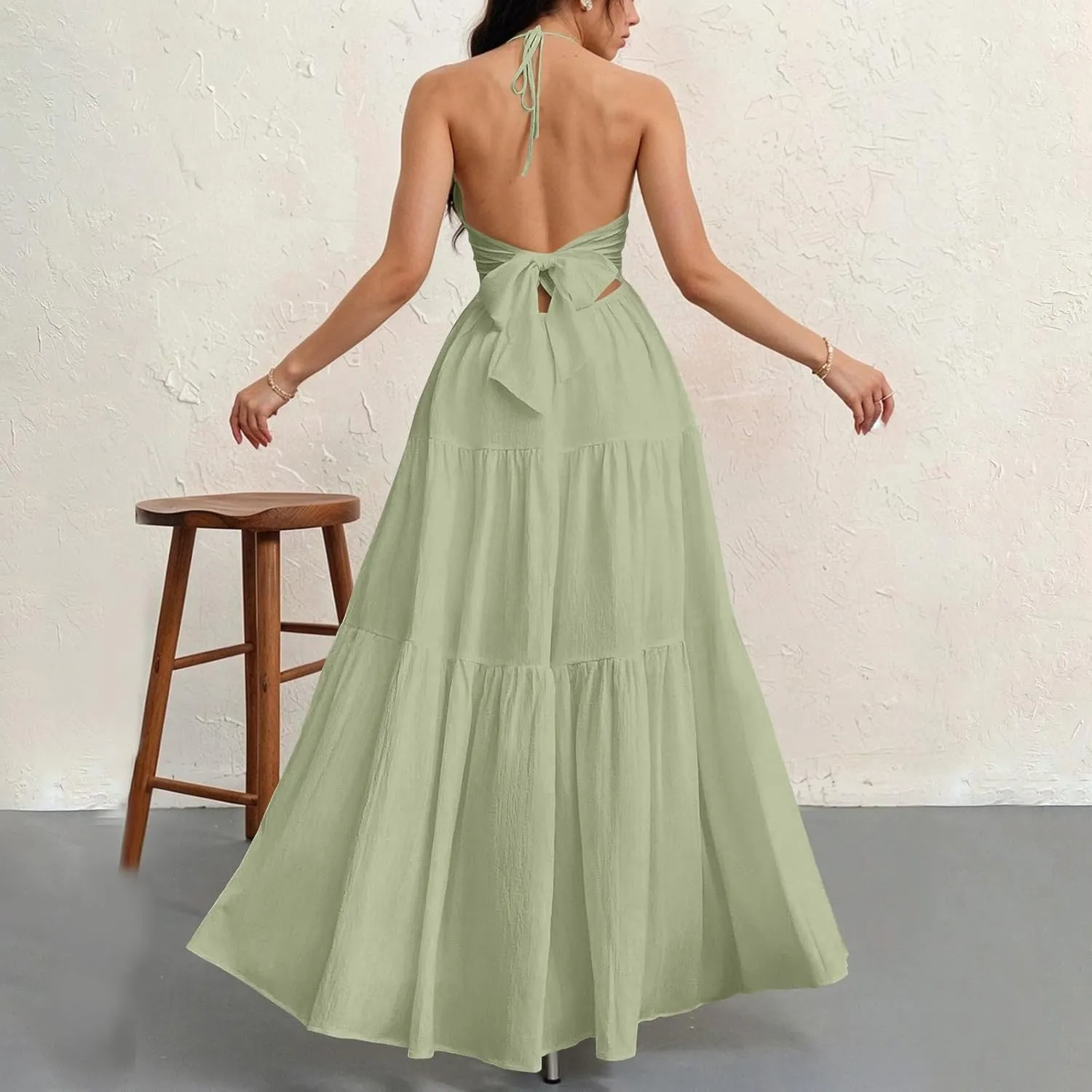 Halter Maxi Dresses for Women 2025 Elegant Classy a Line Prom Dress Tea Party Spaghetti Strap Low Cut Cocktail Dress