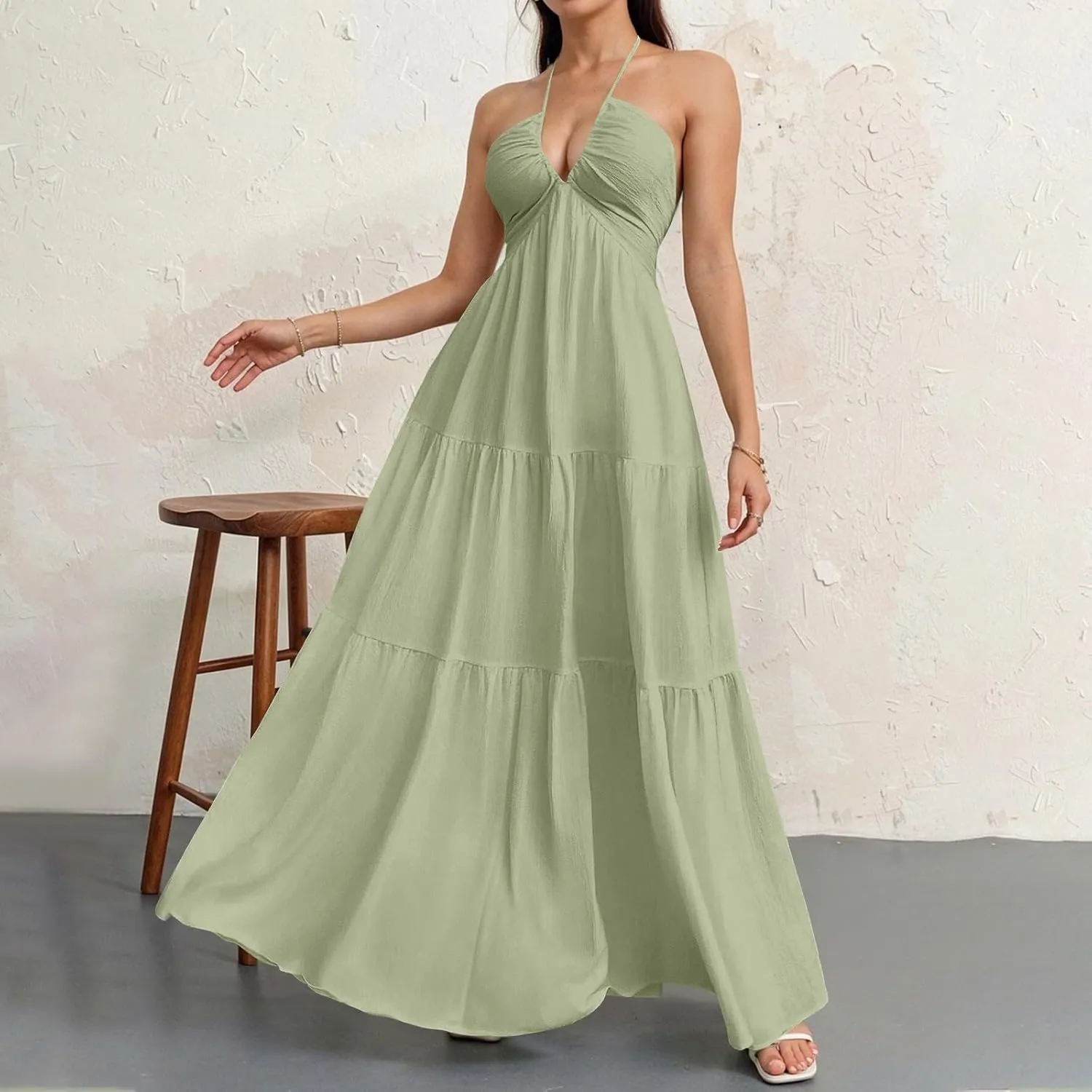 Halter Maxi Dresses for Women 2025 Elegant Classy a Line Prom Dress Tea Party Spaghetti Strap Low Cut Cocktail Dress