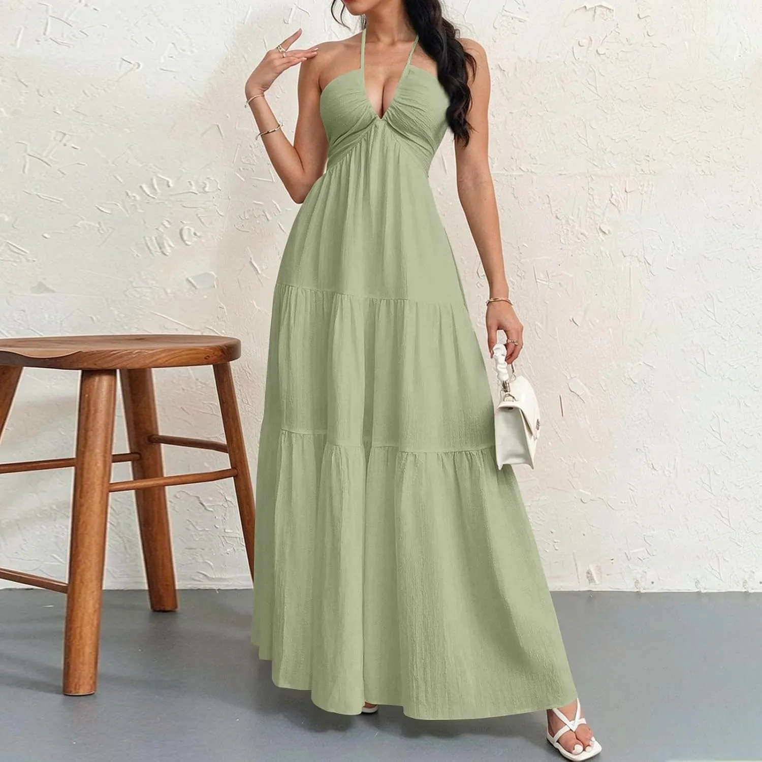 Halter Maxi Dresses for Women 2025 Elegant Classy a Line Prom Dress Tea Party Spaghetti Strap Low Cut Cocktail Dress