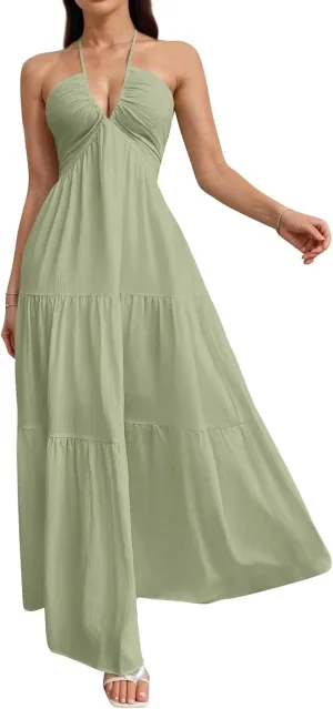Halter Maxi Dresses for Women 2025 Elegant Classy a Line Prom Dress Tea Party Spaghetti Strap Low Cut Cocktail Dress