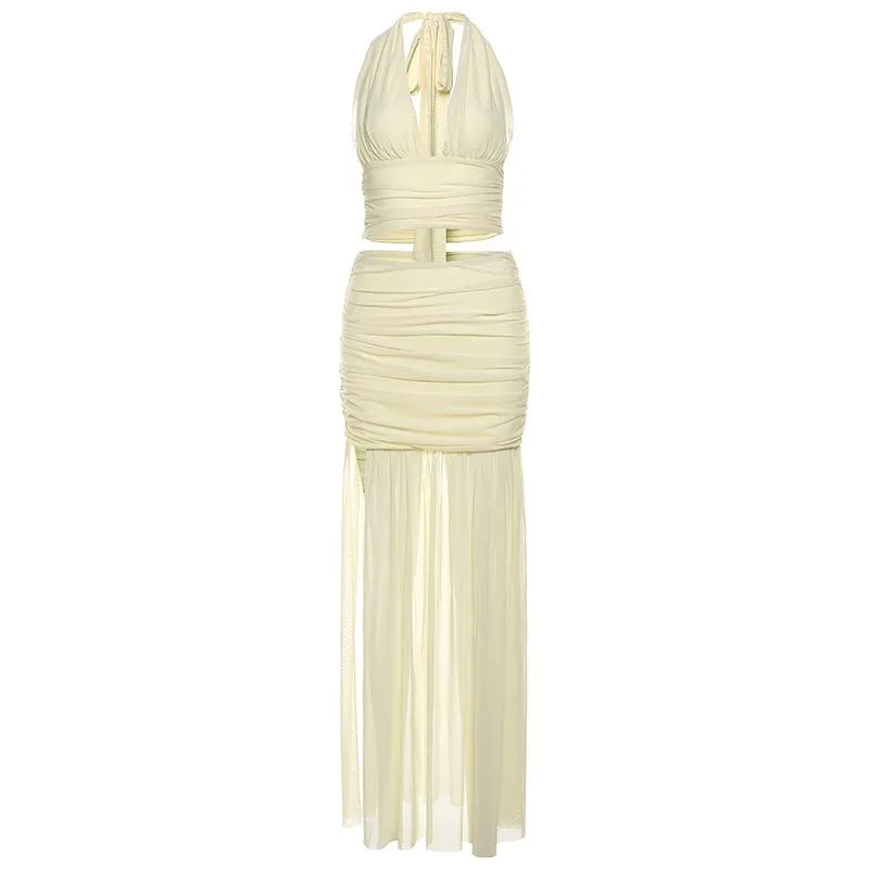 Halter ruched deep v neck high slit mesh maxi skirt set