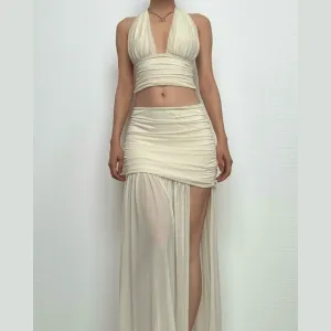 Halter ruched deep v neck high slit mesh maxi skirt set