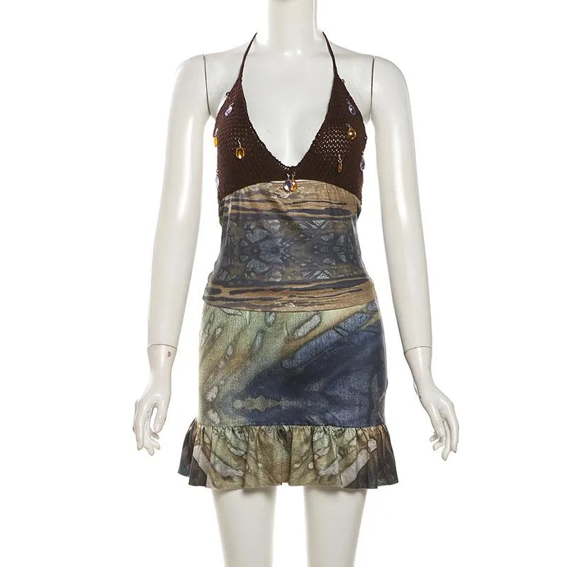 Halter self tie print deep V neck ruched mini skirt set