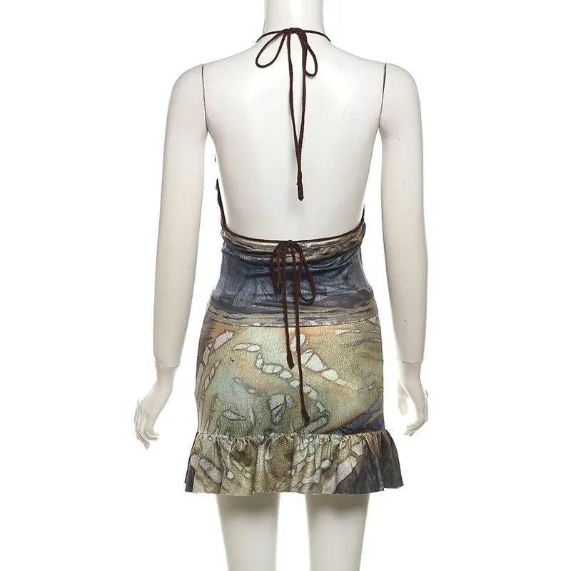 Halter self tie print deep V neck ruched mini skirt set