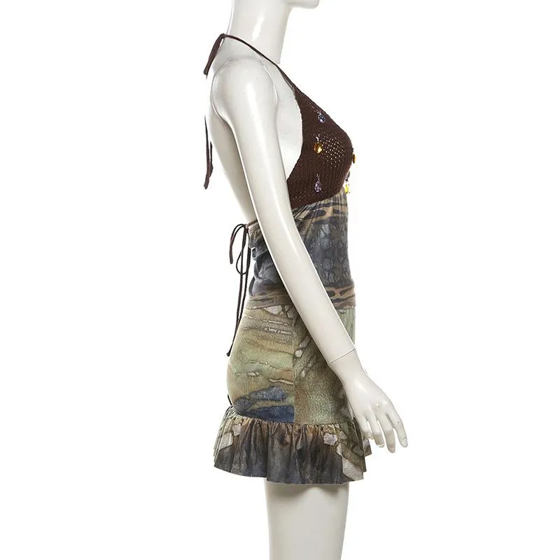 Halter self tie print deep V neck ruched mini skirt set