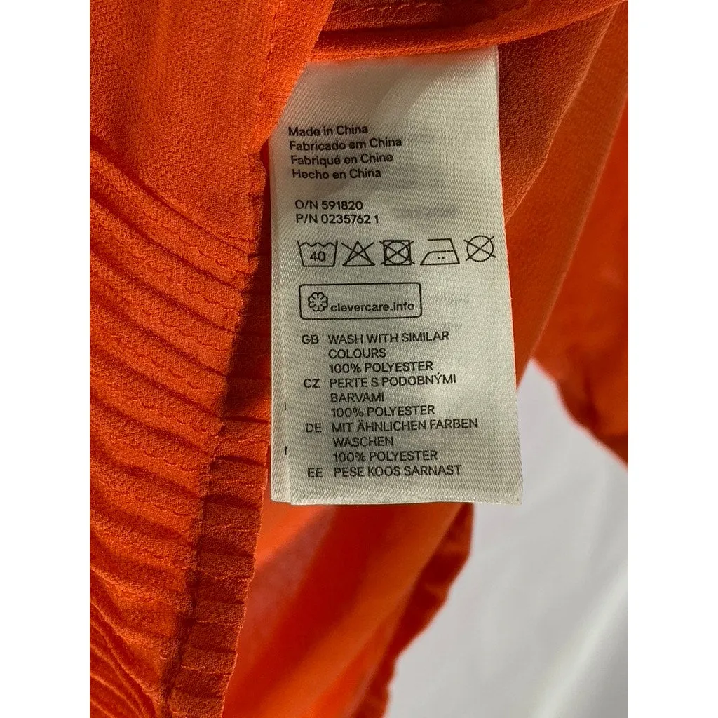 H&M Women's Orange Pleated V-Neck Button-Up Long Sleeve Top SZ 4