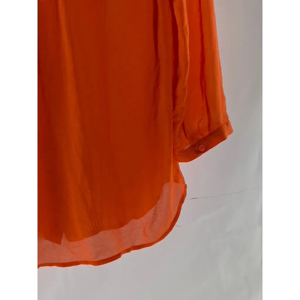 H&M Women's Orange Pleated V-Neck Button-Up Long Sleeve Top SZ 4
