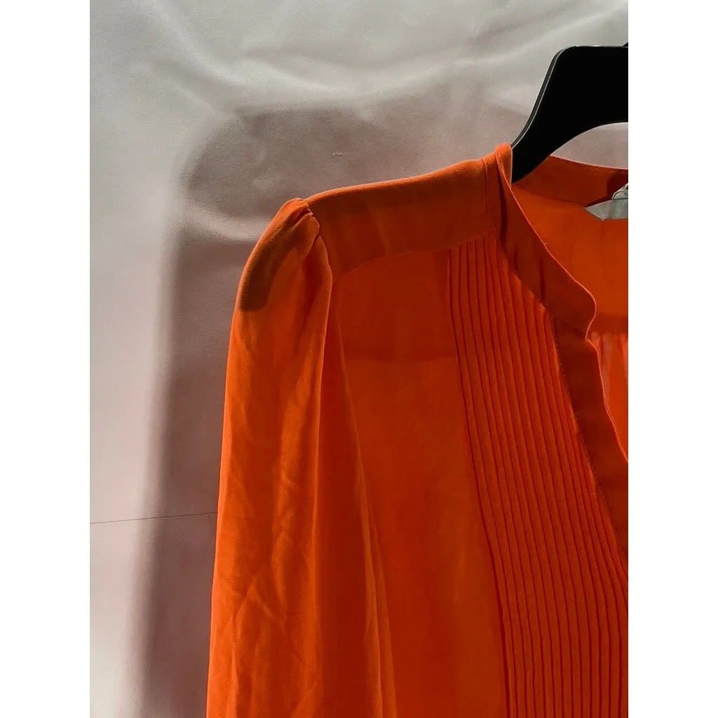 H&M Women's Orange Pleated V-Neck Button-Up Long Sleeve Top SZ 4