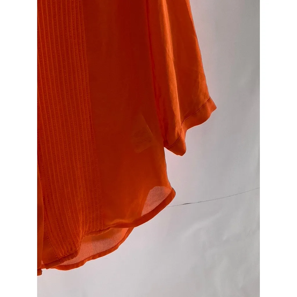 H&M Women's Orange Pleated V-Neck Button-Up Long Sleeve Top SZ 4