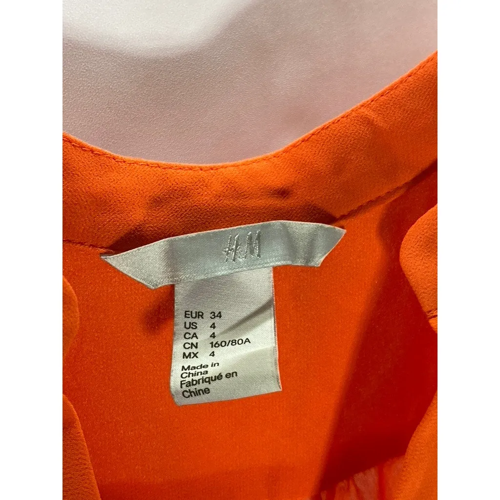 H&M Women's Orange Pleated V-Neck Button-Up Long Sleeve Top SZ 4