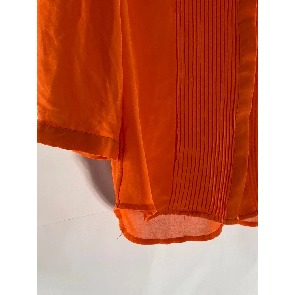 H&M Women's Orange Pleated V-Neck Button-Up Long Sleeve Top SZ 4