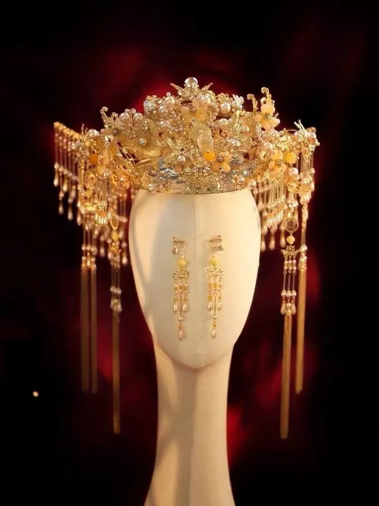 Handmade, traditional Chinese bridal tassel hair Crown & Earrings
