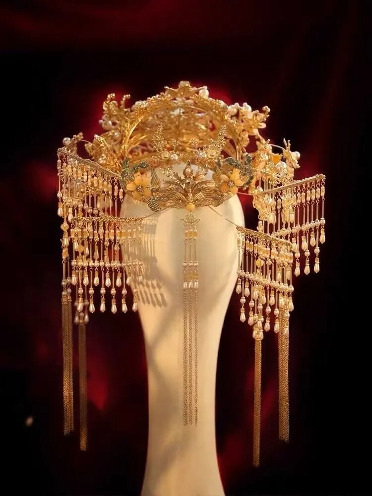 Handmade, traditional Chinese bridal tassel hair Crown & Earrings