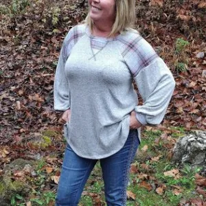 Heather Plaid Print Color Block Brushed Sweater Top. Also available in Plus size.