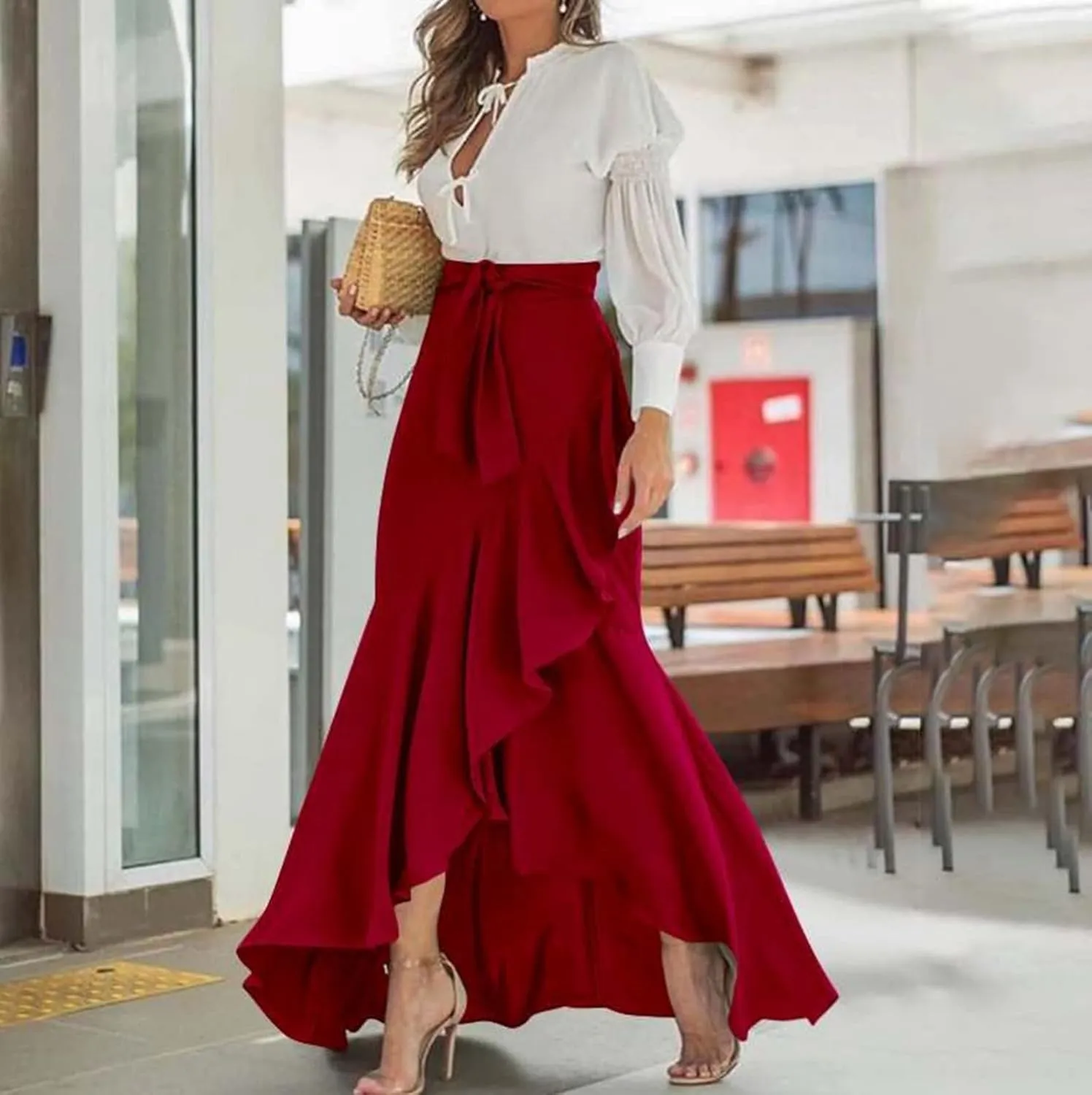 High Waisted Skirt for Women Ruffle Hem Elastic Business Casual Skirts Mermaid Maxi Skirts Tie Front Wedding Skirts
