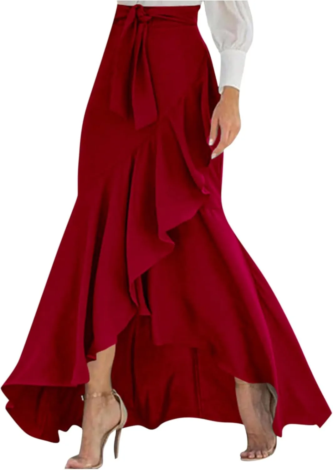 High Waisted Skirt for Women Ruffle Hem Elastic Business Casual Skirts Mermaid Maxi Skirts Tie Front Wedding Skirts